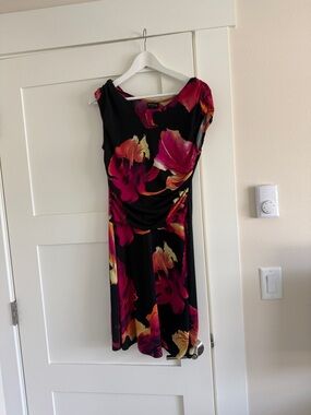 Enfocus Studio Black Midi Dress with Pink & Orange Floral Print